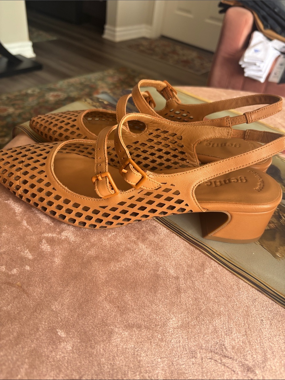 gentle souls Tan Perforated Slingback Mary Jane Heels